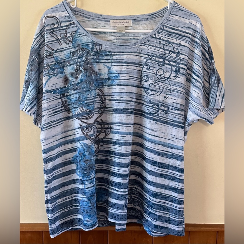 CHRISTOPHER & BANKS size XLP, BLUE, pull over, round neck, short sleeved top.